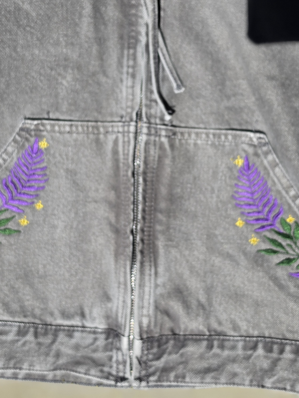 Upcycled Embroidered Celestial Black Cat Faded Gray Zip Hoodie Jacket. Womens S - Picture 6 of 9